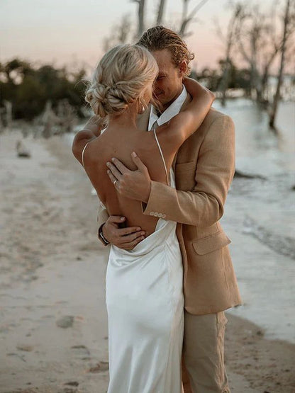 Column Spaghetti Straps V Neck Sleeveless Wedding Dress Formal Women's Dresses        S6965