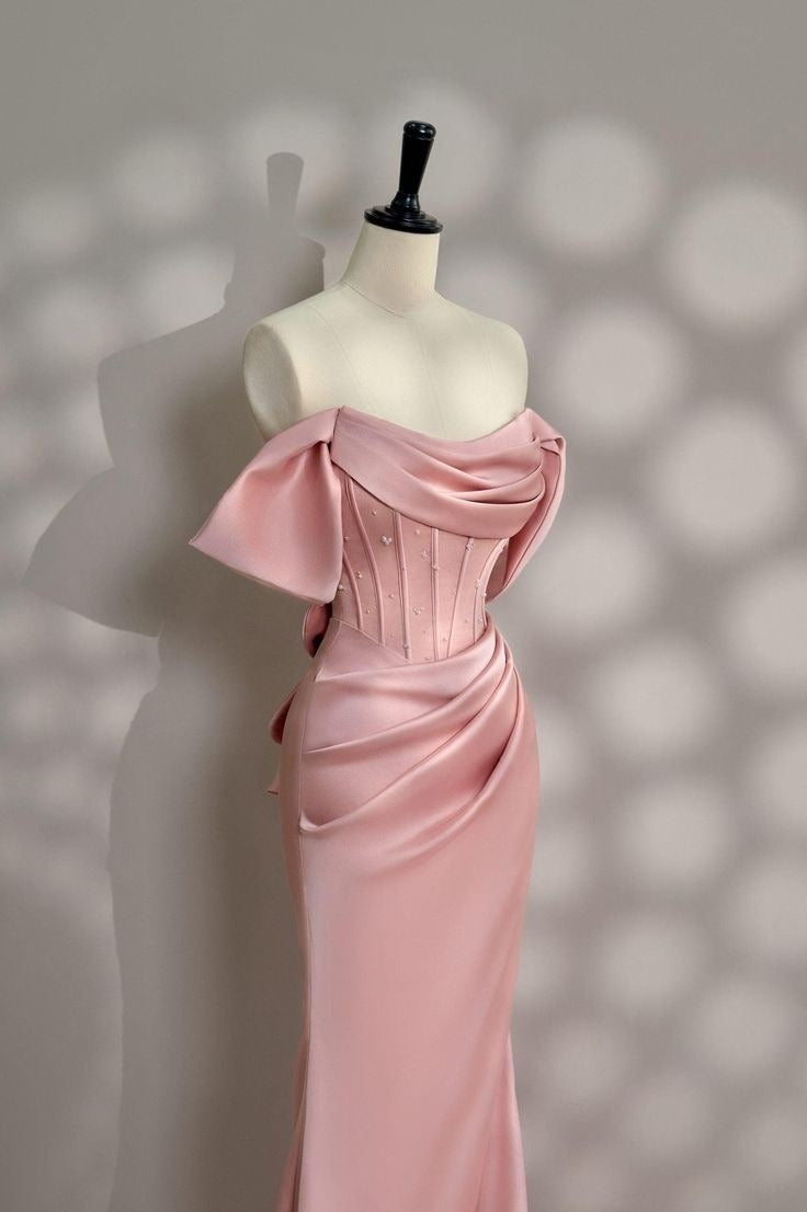 Long Pink Satin Prom Dress Off Shoulder Prom Dress Evening Party Gowns