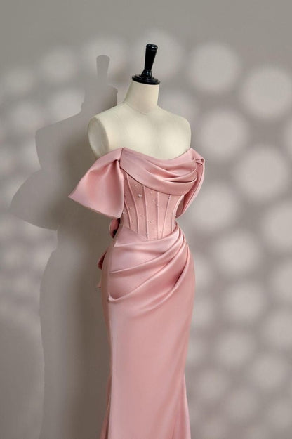 Long Pink Satin Prom Dress Off Shoulder Prom Dress Evening Party Gowns