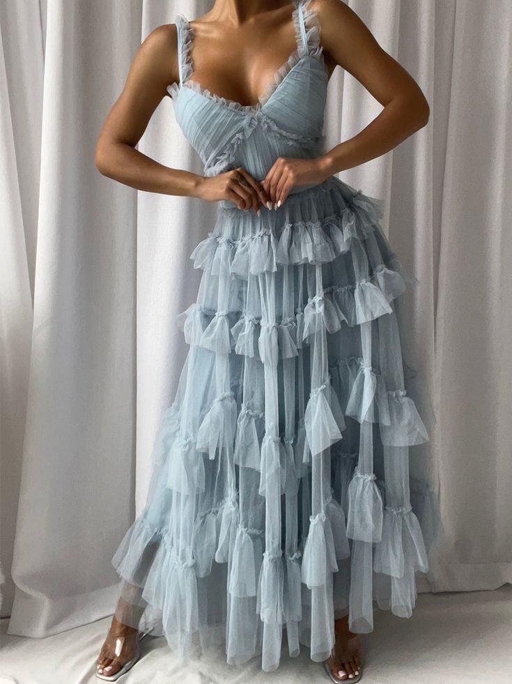 Sweet Light Blue Tulle Prom Dresses,Ruffles Pleated Baby Blue Evening Formal Gown        S2975