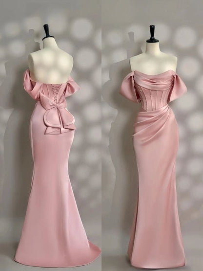 Long Pink Satin Prom Dress Off Shoulder Prom Dress Evening Party Gowns