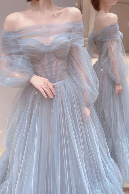 Blue Tulle Long Prom Dress, Beautiful Long Sleeve Tulle Evening Dress      fg6142