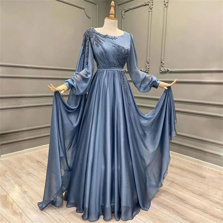 Elegant Blue Chiffon Gown with Embellished Sleeves Evening Dress