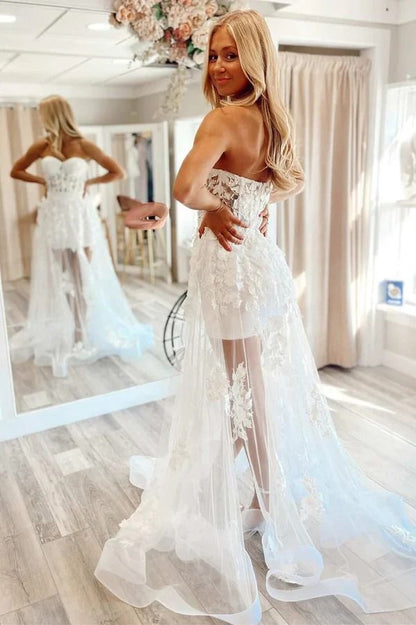 Sheer Lace Applique Prom Dresses Strapless Formal Gown