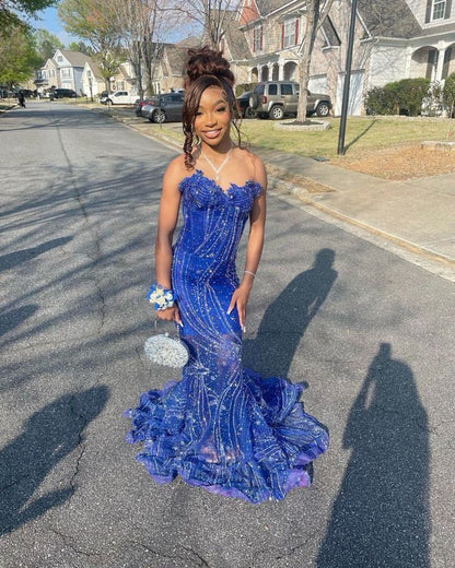 Women's Mermaid Prom Dress, Sweetheart Sequin Royal Blue Birthday Party Dress        fg6762