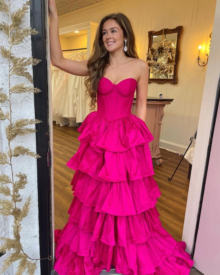 Fuchsia Ruffle Long Prom Dress Sweetheart Evening Gown