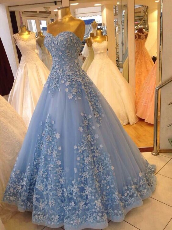 Ball Gown Sweetheart Blue Prom Dresses 3d Flower Dress