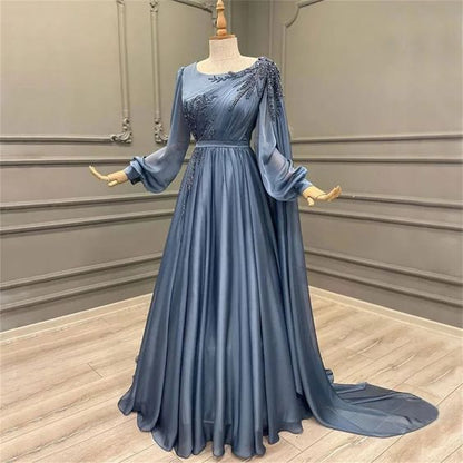 Elegant Blue Chiffon Gown with Embellished Sleeves Evening Dress