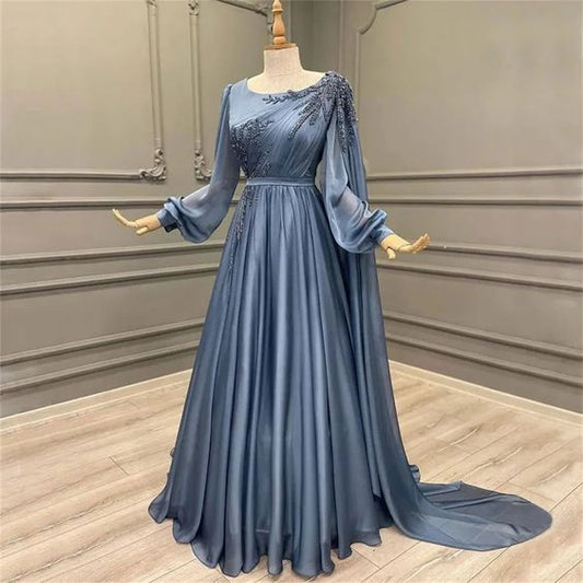 Elegant Blue Chiffon Gown with Embellished Sleeves Evening Dress