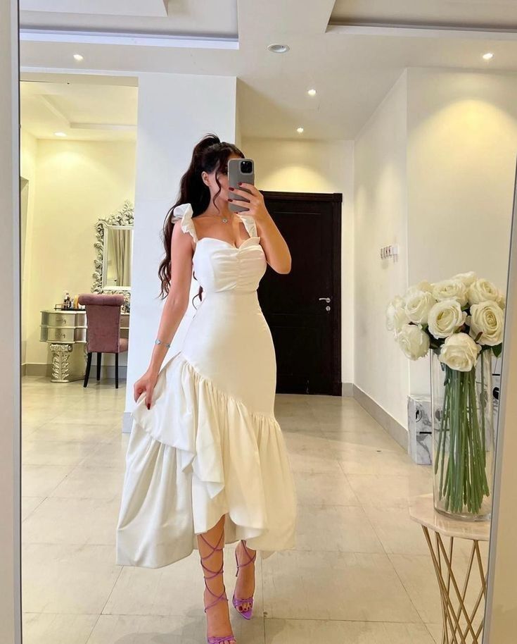 White Straps Ruffle Mermaid Party Gown Arabia Prom Dresses For Women
