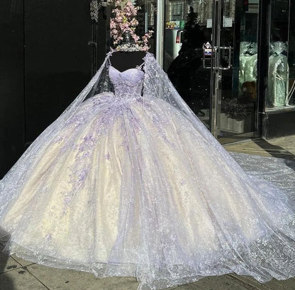 Light Purple Quinceanera Dressess with Cape Luxury Butterfly Applique Sweet 16 Ball Gown