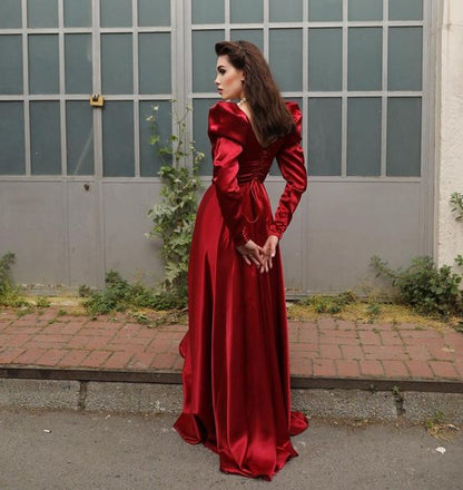 Square Neck Long A Line Evening Gown Burgundy Long Sleeves Satin Formal Prom Party Dress