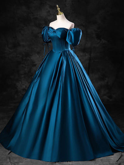 Blue Satin Off the Shoulder Floor Length Prom Dress, Blue A-Line Party Dress        fg6764