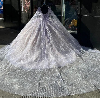Light Purple Quinceanera Dressess with Cape Luxury Butterfly Applique Sweet 16 Ball Gown