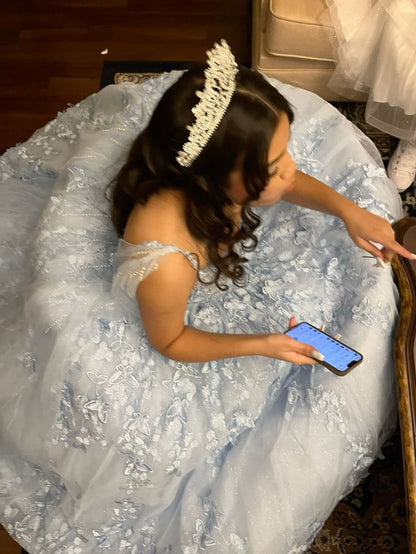 Light Blue Appliques Tulle Lace Quinceanera Dress Ball Gown