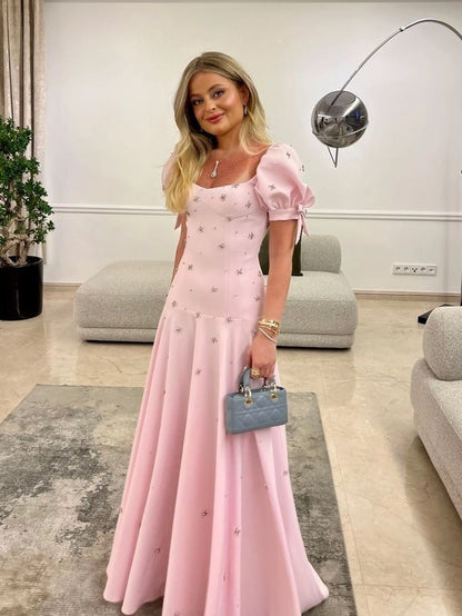 Pink Elegant Short Sleeves Prom Dress Evening Gown