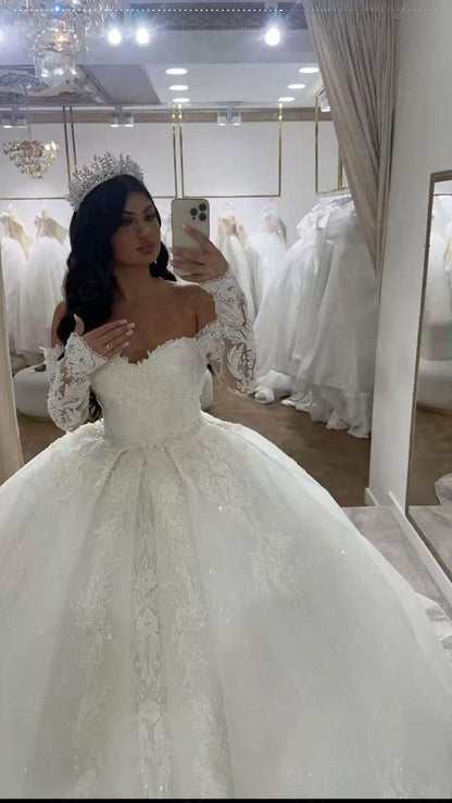 Luxury Tulle Lace A Line Wedding Dress Off Shoulder Long Sleeves Bridal Gown