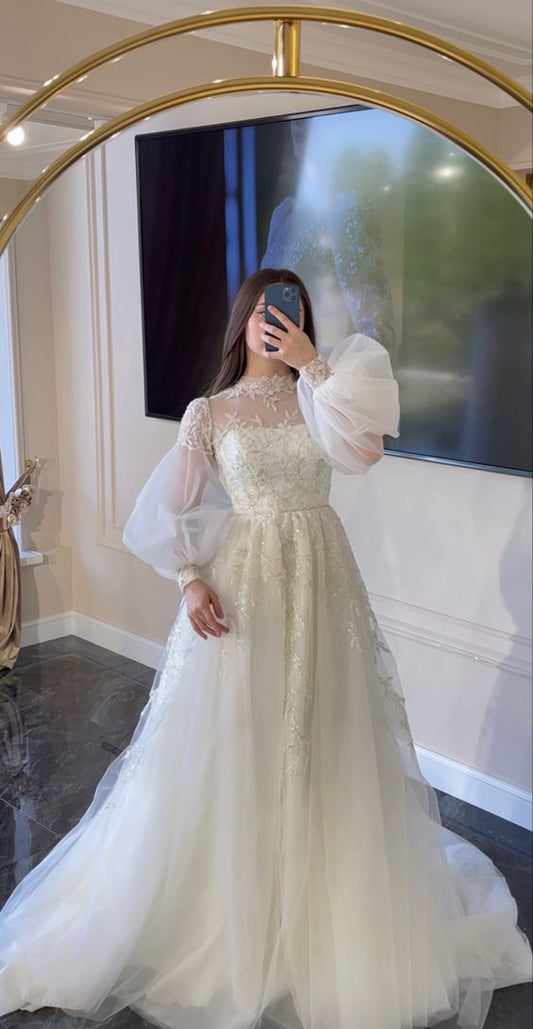 Elegant High Neck A-line Wedding Dress with Long Sleeves     fg5764