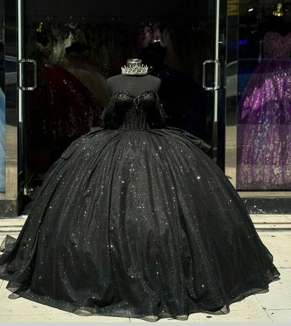 Ball Gown Shiny Black Quinceanera Dress Beaded Crystal Bow Sweet 15 Gowns