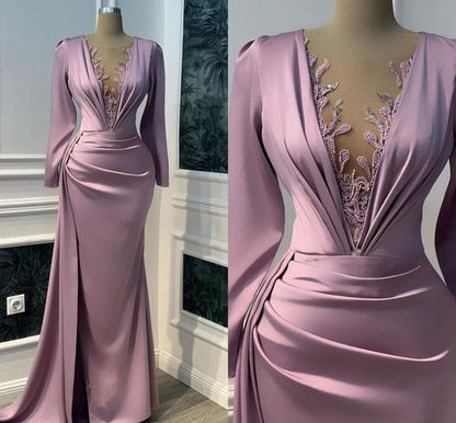 Vintage Prom Dresses Long Sleeve Illusion V neck Mermaid Evening Dress Floor Length Saudi Arabia Cocktail Party Gowns
