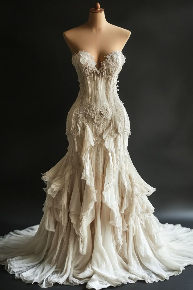 Glamorous Fall Wedding Dress Vintage Mermaid Strapless Ivory Tulle Long Dress     S7113