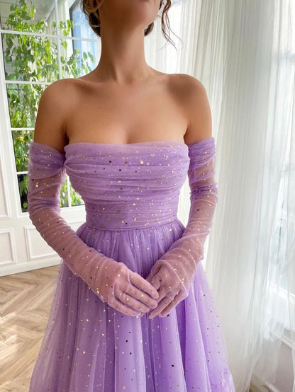 Chic Fashion Strapless Off Shoulder Dress Elegant Women Sparkle Star Fashion A-Line Party Dresses      S3024