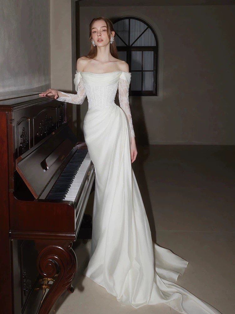 Elegant Off Shoulder Lace Wedding Dress Long Bridal Gown