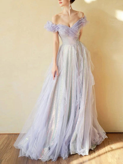 Purple Off Shoulder Tulle Sequin Long Prom Dress, Purple Formal Dress         S7172