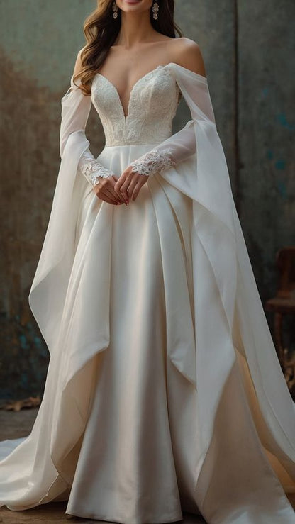 A Line Off Shoulder Lace Long Sleeves Wedding Dress Bridal Dresses    fg7782