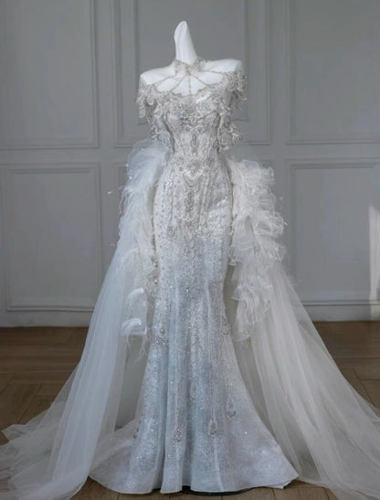Elegant Mermaid Sweetheart Tulle Lace Long Wedding Dresses     S7258