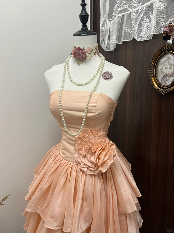 Pink tube top waist slim cake skirt homecoming dress R4305