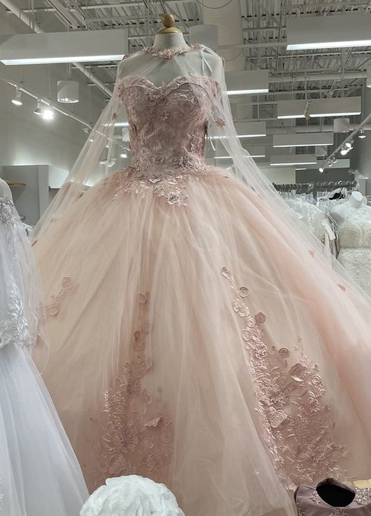 Glamorous Pink Tulle Lace Ball Gown Pink Sweet 16 Dress