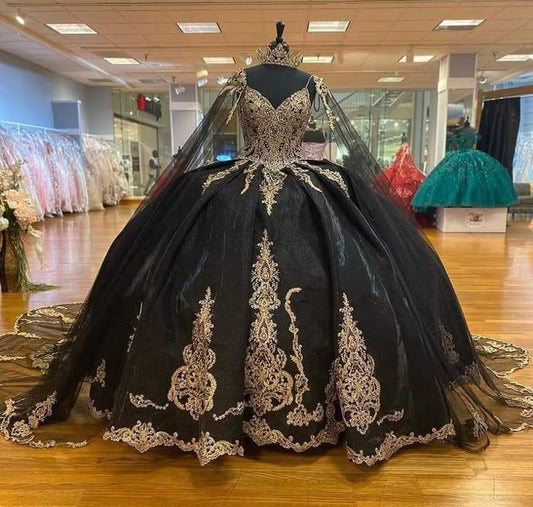 Vintage black Quinceanera dresses with cape light gold applique birthday dress ball gown corset dress       S7164