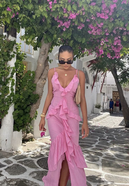 Pink V Neck Prom Dress Evening Party Dresses With Slit  fg7657