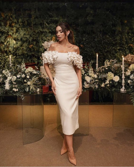 Flower Wedding Dresses Short Sheath Off Shoulder Split Tea Length Bridal Gown