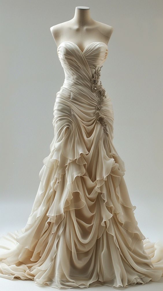 Vintage Mermaid Sweetheart Chiffon Ruffles Long Wedding Dress     S7068