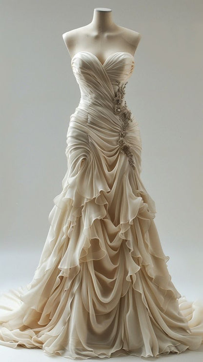 Vintage Mermaid Sweetheart Chiffon Ruffles Long Wedding Dress     S7068