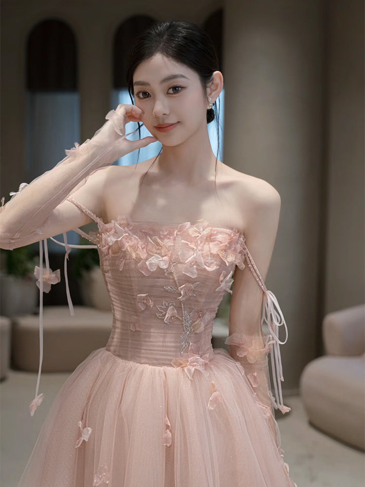 A Line Pink Long Formal Dress Tulle Evening Dresses     fg7673