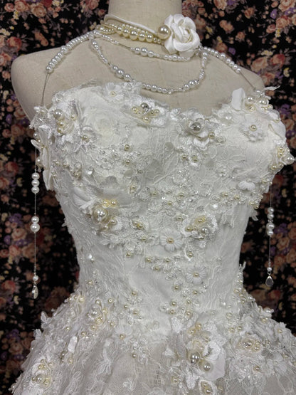 Mermaid Lace Tulle Pearls Long Princess Wedding Dress    fg8173