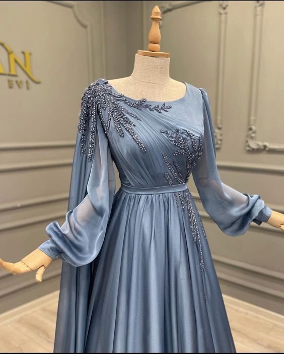 Elegant Blue Chiffon Gown with Embellished Sleeves Evening Dress