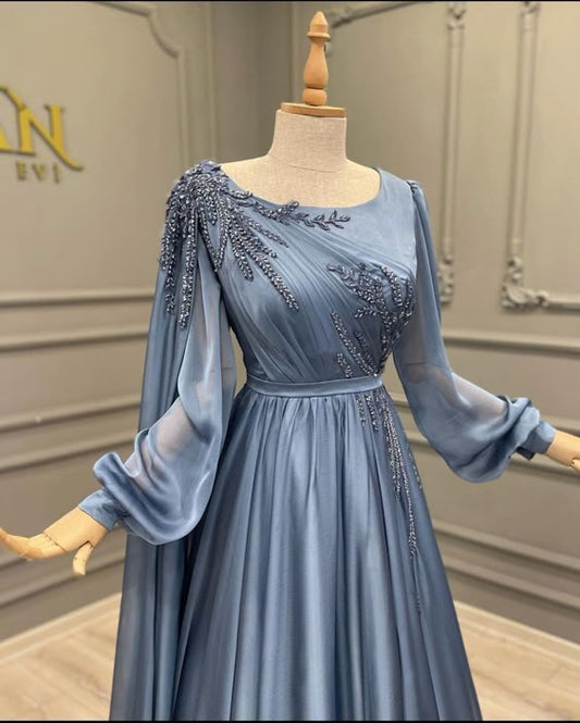 Elegant Blue Chiffon Gown with Embellished Sleeves Evening Dress