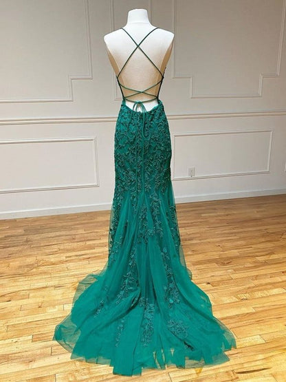 Mermaid Backless Green Lace Long Prom, Mermaid Green Formal, Green Lace Evening Dress      fg5833