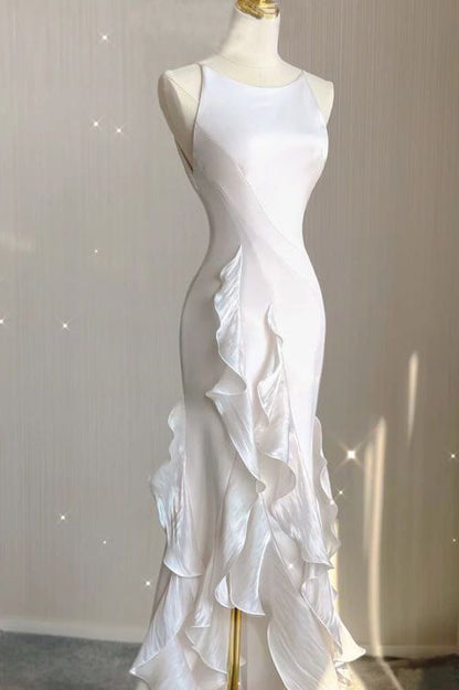 White Sheath Halter Backless Wedding Dress    fg3671