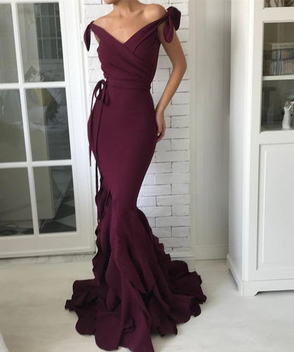 V Neck Off Shoulder Evening Gown with Elegant Bow Tie at Waist