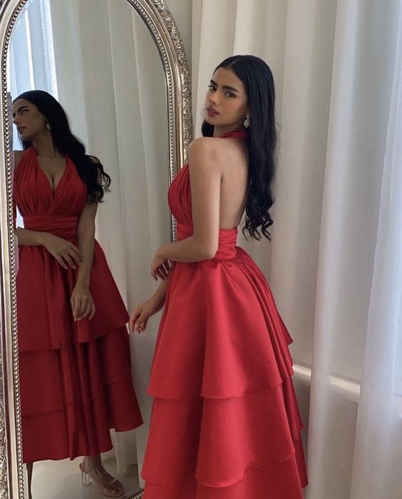 Elegant Short Satin Halter Evening Dresses Muslim Backless A Line Red Dress Formal Dress Pleated Tea Length Gowns