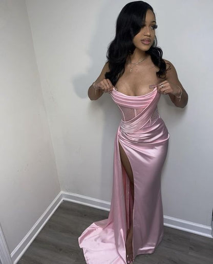 Stapless Prom Dresses Thigh-High Slits Pleats Beading Birthday Outfits Evening Dress  fg7531