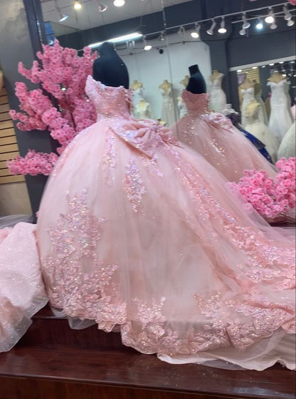 Glamorous Pink Tulle Lace Ball Gown Pink Sweet 16 Dress