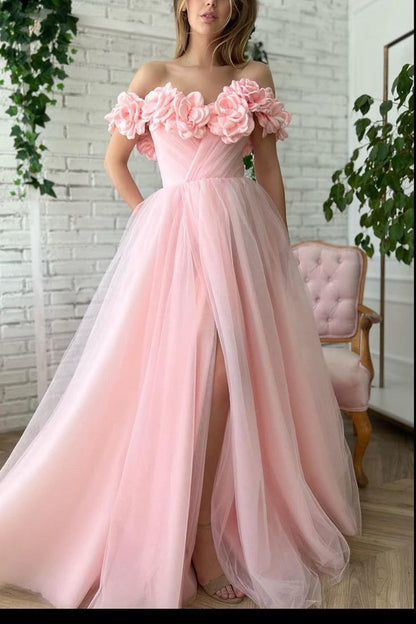 Pink Floral Prom Dresses Off The Shoulder Evening Gown Tulle Long Prom Dress