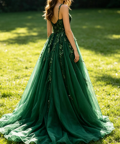 Green Straps A-Line V Neck Tulle Appliques Long Party Dress Formal Evening Gown, D426