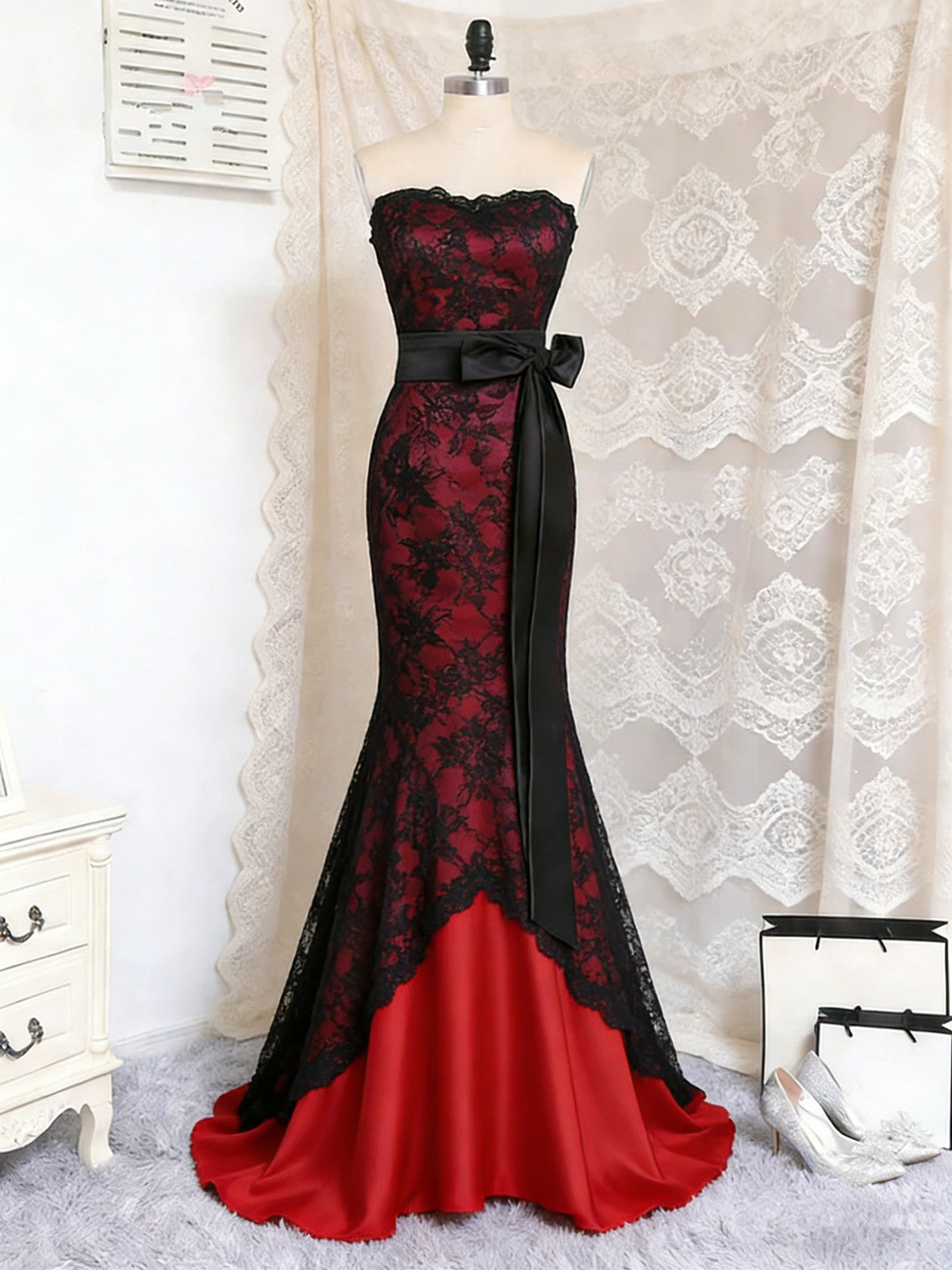 Black and Red Satin with Lace Mermaid Prom Dress, Vintage Style Long Party Dress